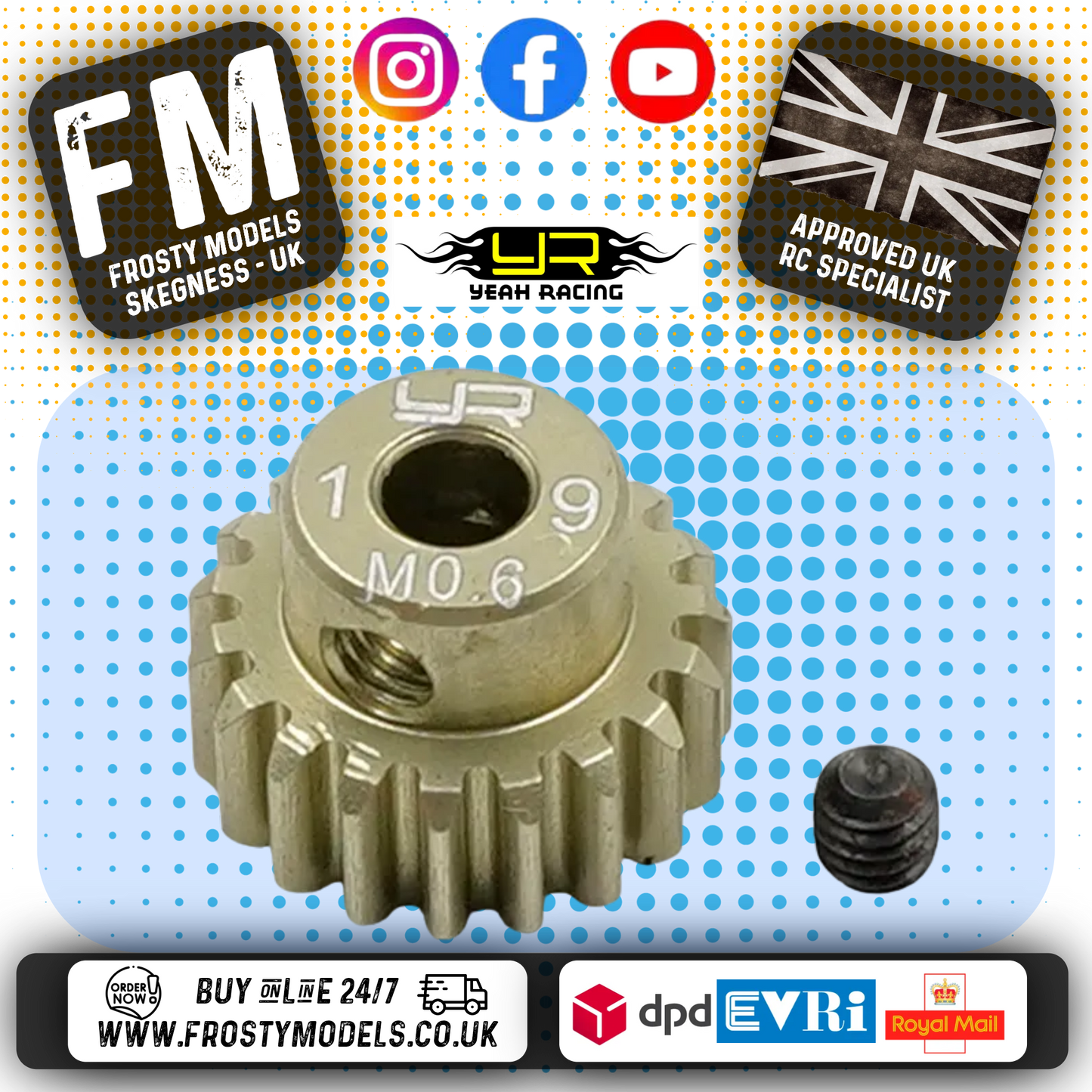 YEAH RACING - 19T Aluminum 7075 Hard Coated Motor Pinion 0.6 MOD (FITS TT01E & TT02 + MOST TAMIYA RC) MG-06P19T
