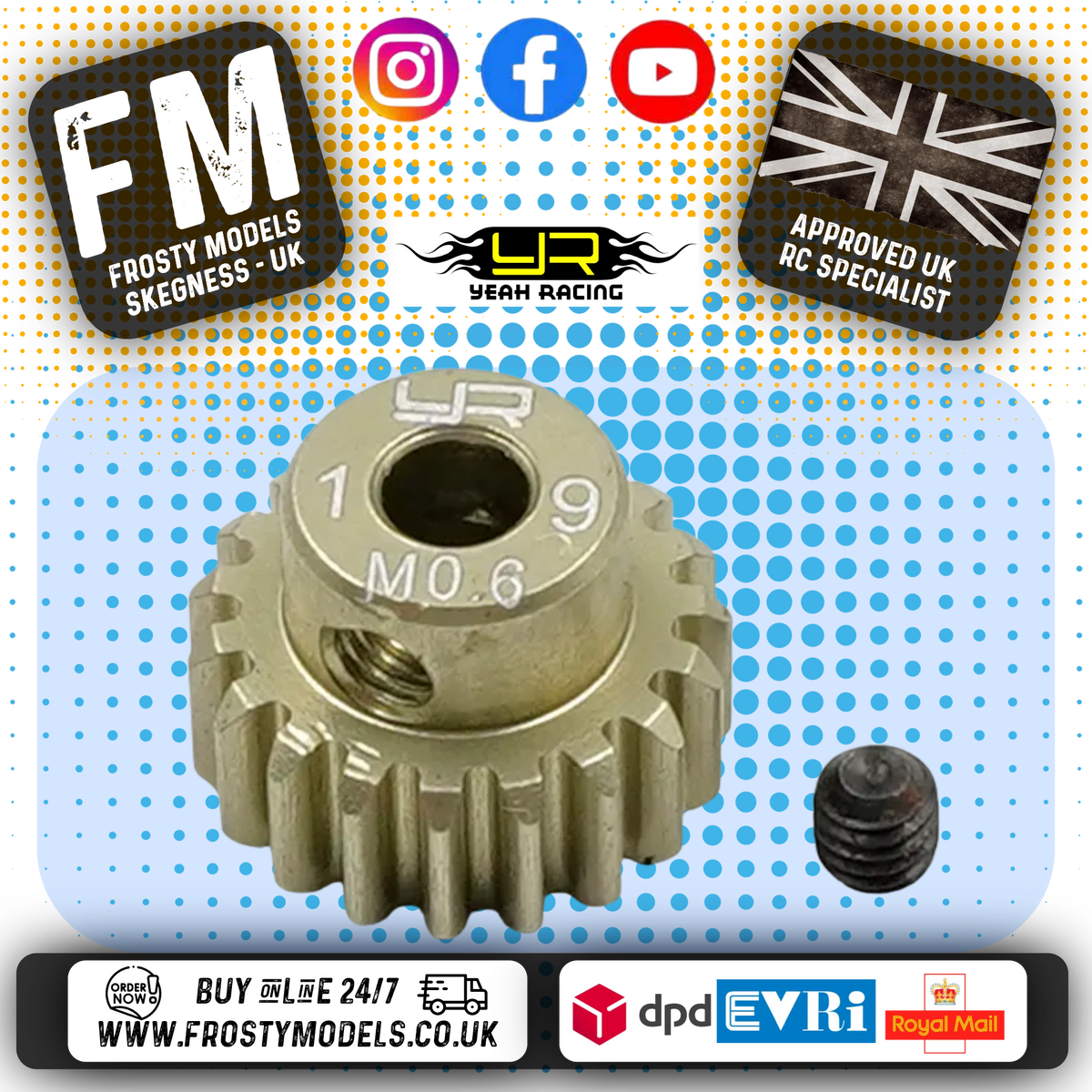 YEAH RACING - 19T Aluminum 7075 Hard Coated Motor Pinion 0.6 MOD (FITS TT01E & TT02 + MOST TAMIYA RC) MG-06P19T