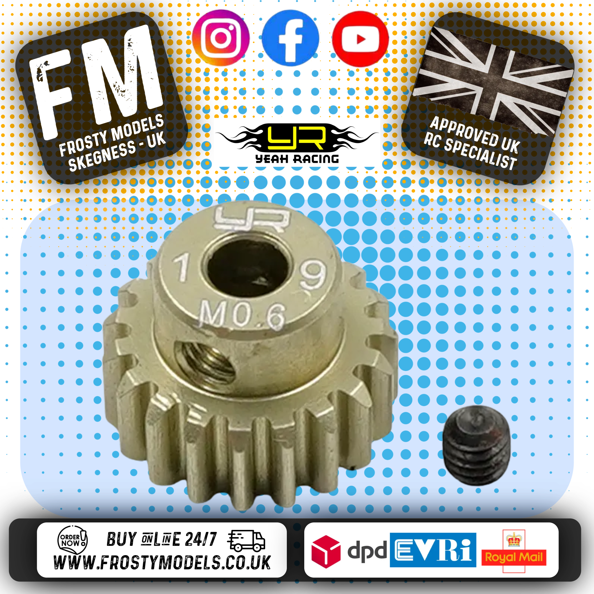 YEAH RACING - 19T Aluminum 7075 Hard Coated Motor Pinion 0.6 MOD (FITS TT01E & TT02 + MOST TAMIYA RC) MG-06P19T