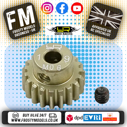 YEAH RACING - 19T Aluminum 7075 Hard Coated Motor Pinion 0.6 MOD (FITS TT01E & TT02 + MOST TAMIYA RC) MG-06P19T