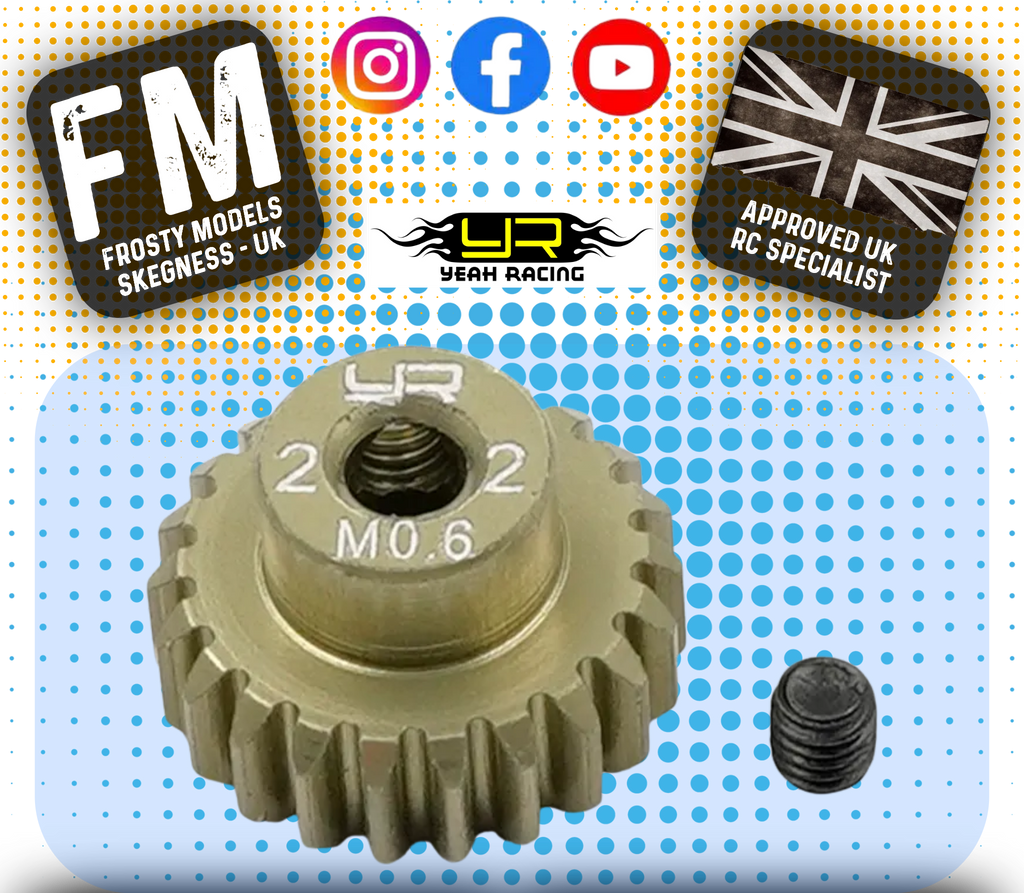 YEAH RACING - 22T Aluminum 7075 Hard Coated Motor Pinion 0.6 MOD (FITS TT01E & TT02 + MOST TAMIYA RC) MG-06P22T