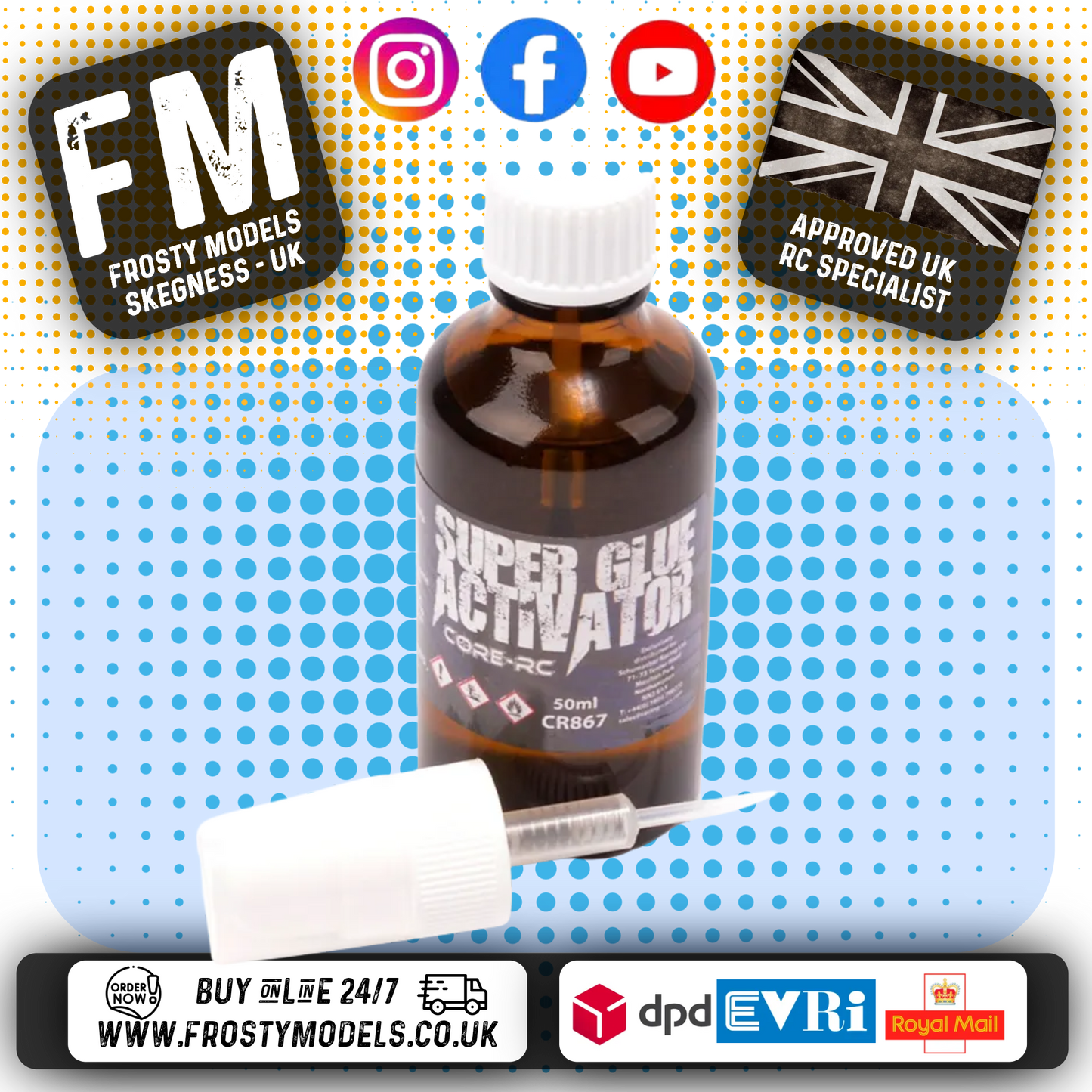 Core RC - Super Glue Activator 50ml - Glass Bottle +Atomiser (For Rubber & Foam Tires) CR867
