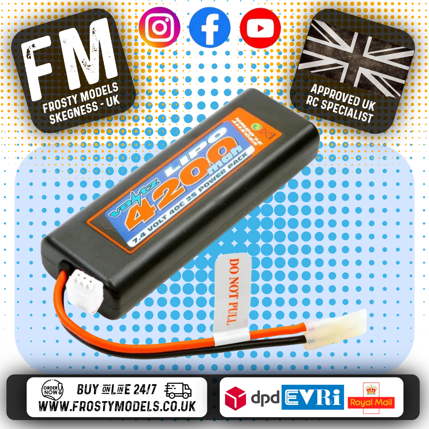 VOLTZ - RC CAR 4200MAH ROUND/OVAL CASE 2S 40C 7.4V LIPO STICK PACK W/Tamiya Plug (FITS TT01E) VZ0311T