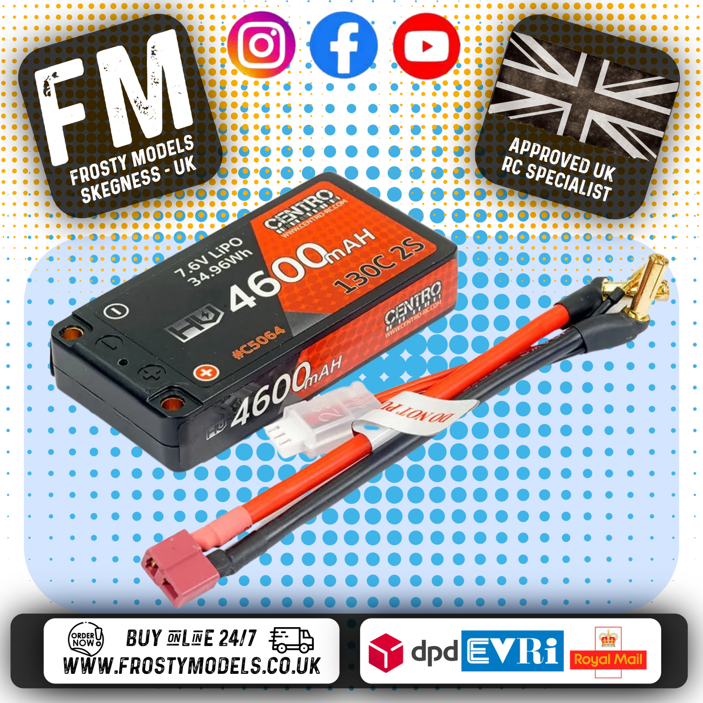 CENTRO - HV 2S 4600MAH 7.6V 130C HARDCASE LP 93mm SHORTY LIPO (5MM Bullet) - C5064 (WITH DEANS LEAD)