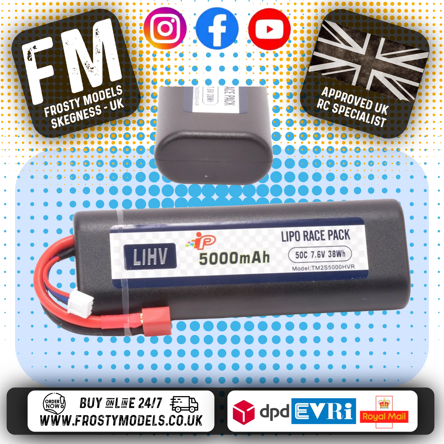 Intellect - LIPO BATTERY (LIHV) HC39 2S 5000mAh 7.6v Stick Deans Plug (FITS TT01E) -  IPTM2S5000HVRRT