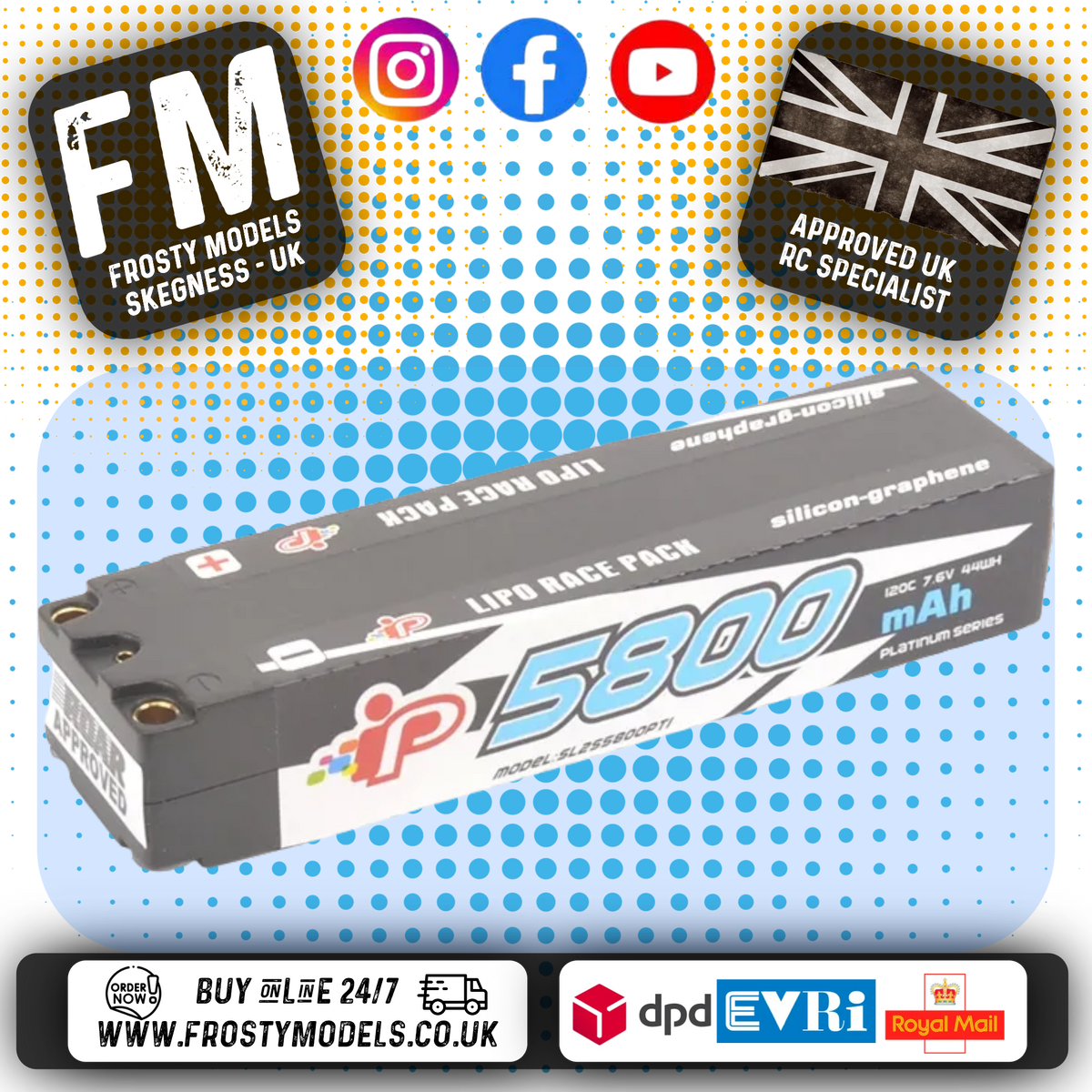 Intellect Platinum - Lipo LiHV 2S Slim Stick 5800mAh 7.6v 120C (5mm Bullet) - IPSL2S5800PT1