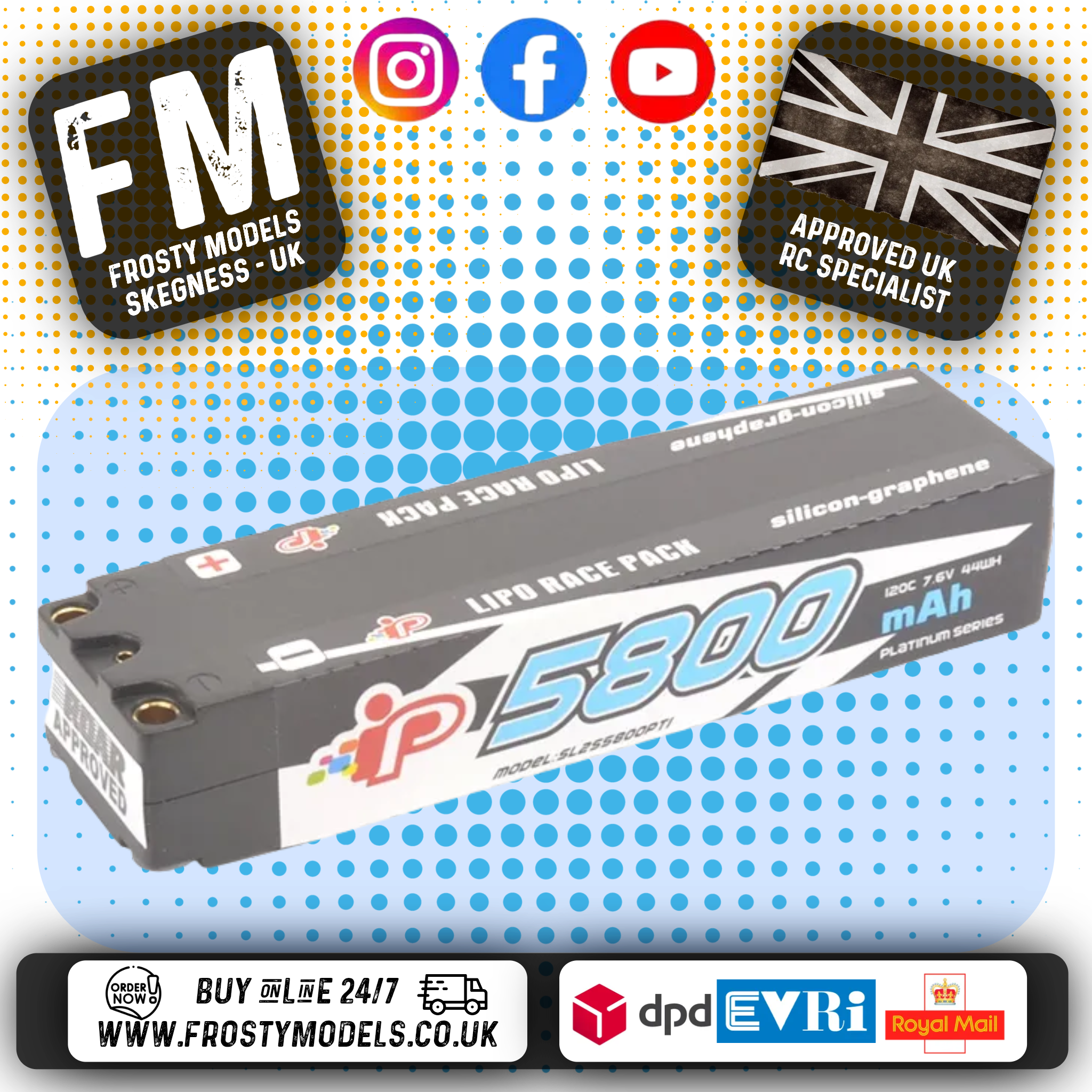 Intellect Platinum - Lipo LiHV 2S Slim Stick 5800mAh 7.6v 120C (5mm Bullet) - IPSL2S5800PT1