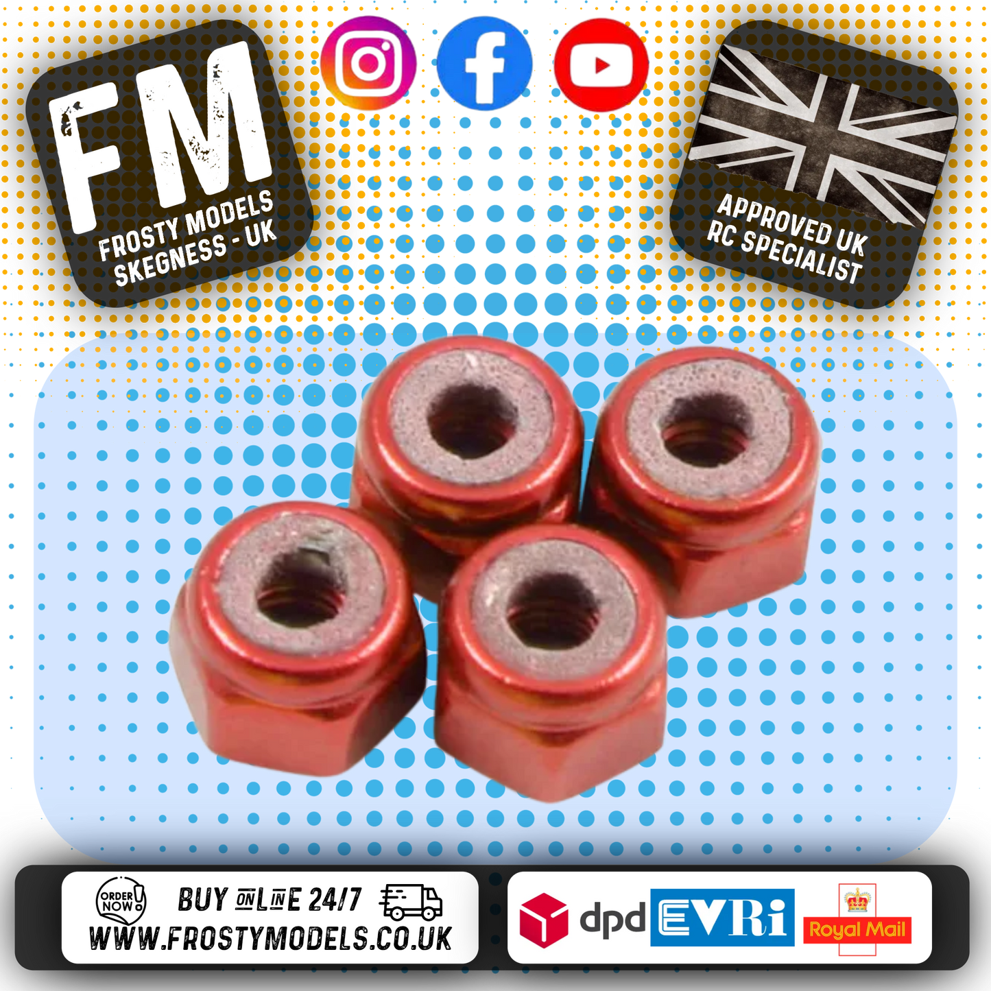 FASTRAX - M3 1/12 WHEEL / SUSPENSION NUTS - RED LOCKNUTS 4PCS - FASTM3R