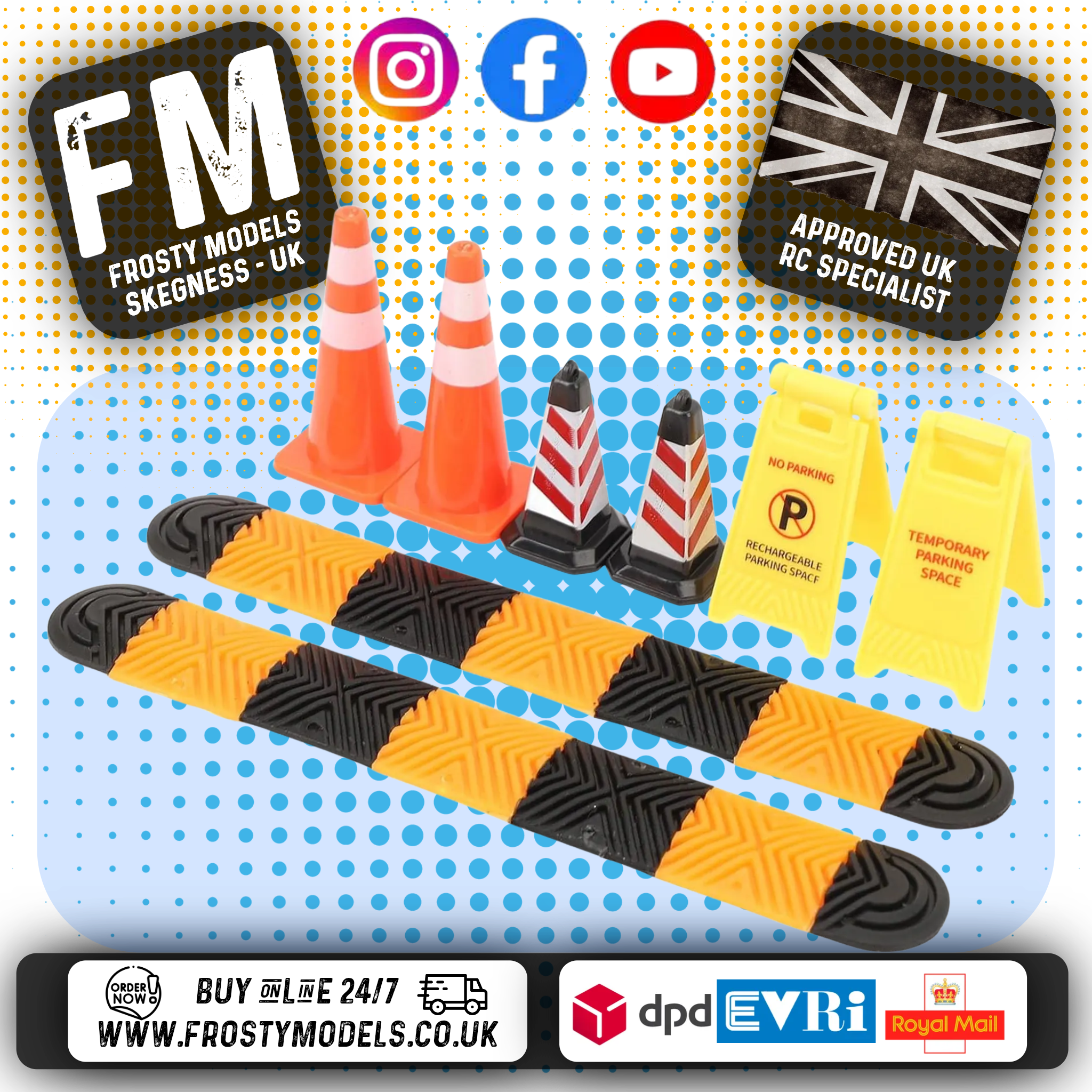 RC OVERHAUL - Road Accessories Set, 1/24 Cones, Curbs, Signs - G-RCO-CR031 (Scale accessories)