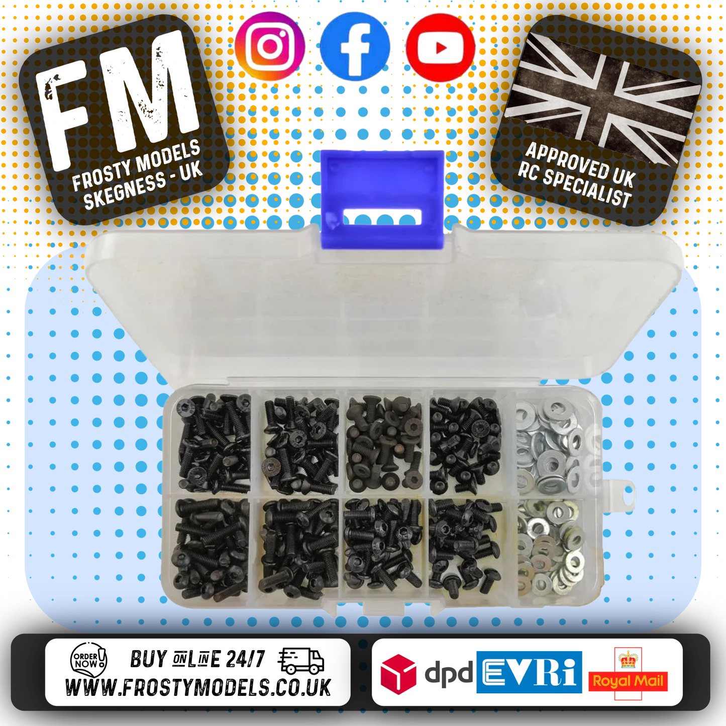 RC Overhaul - M3 Cap & Countersunk Bolt (2mm Allen Head) Pack (180pcs boxed) - G-RCO-SCR001