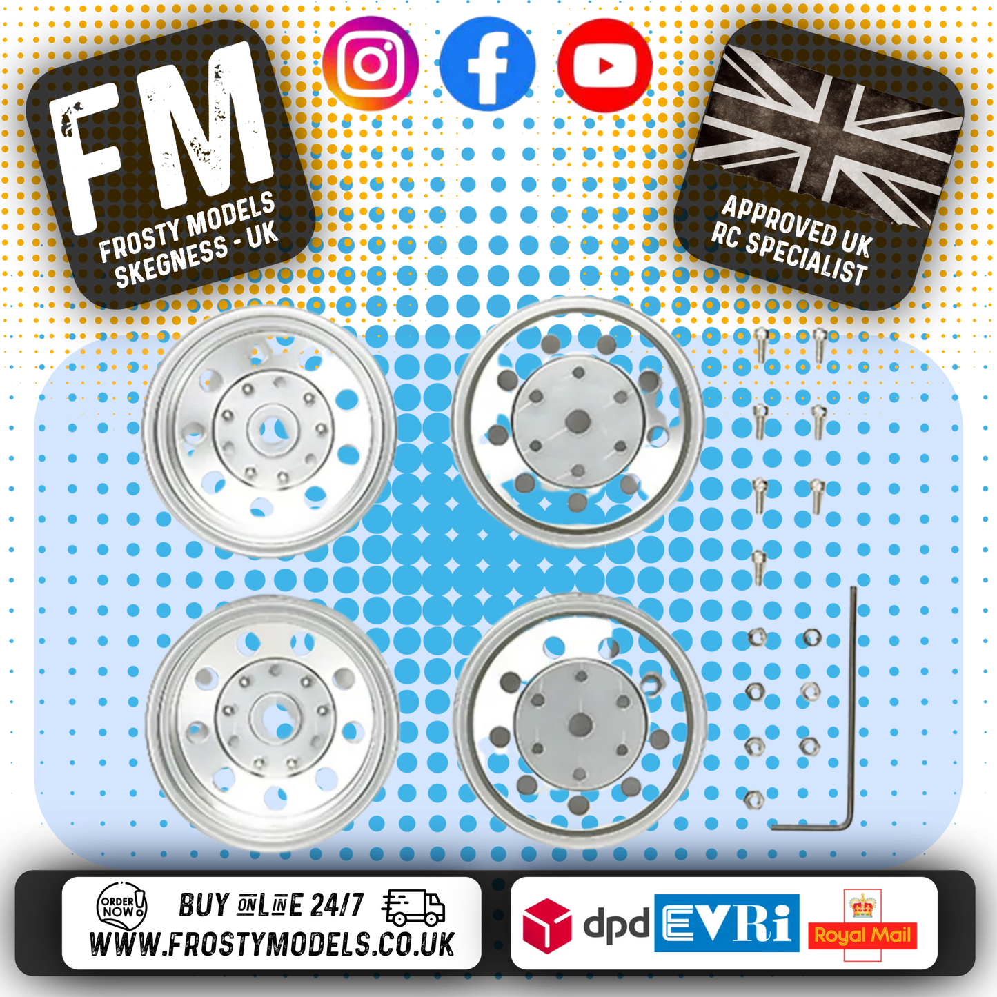 TAMIYA 56518 - RC 1/14 Tractor Truck Parts - METAL PLATED REAR WHEELS (4pcs - 2 When Built)