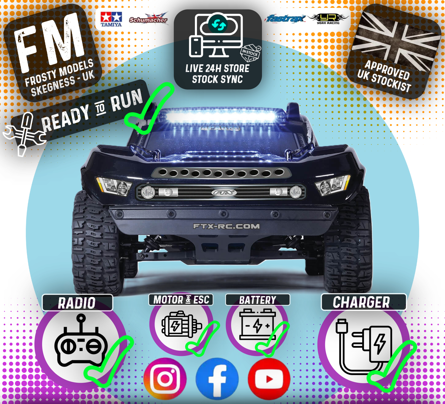 FTX - APACHE 1/10 BRUSHLESS TROPHY (SHORT COURSE) RC 4WD TRUCK RTR W/LIPO & BALANCE CHARGER - BLUE - FTX5498B