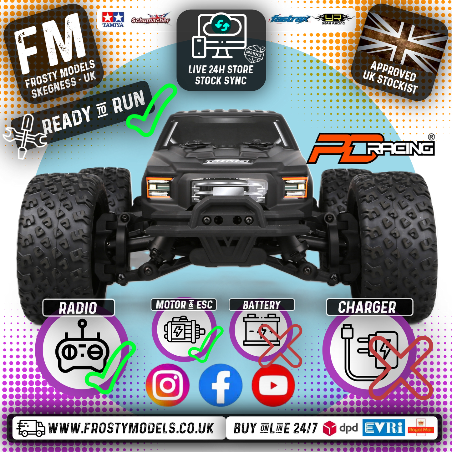 PD RACING - 1/10 4wd Radio Controlled RC BASHER Truck TK10 4S Brushless Truck (55MPH) - PD860R (No battery (IC5 plug) or charger included)