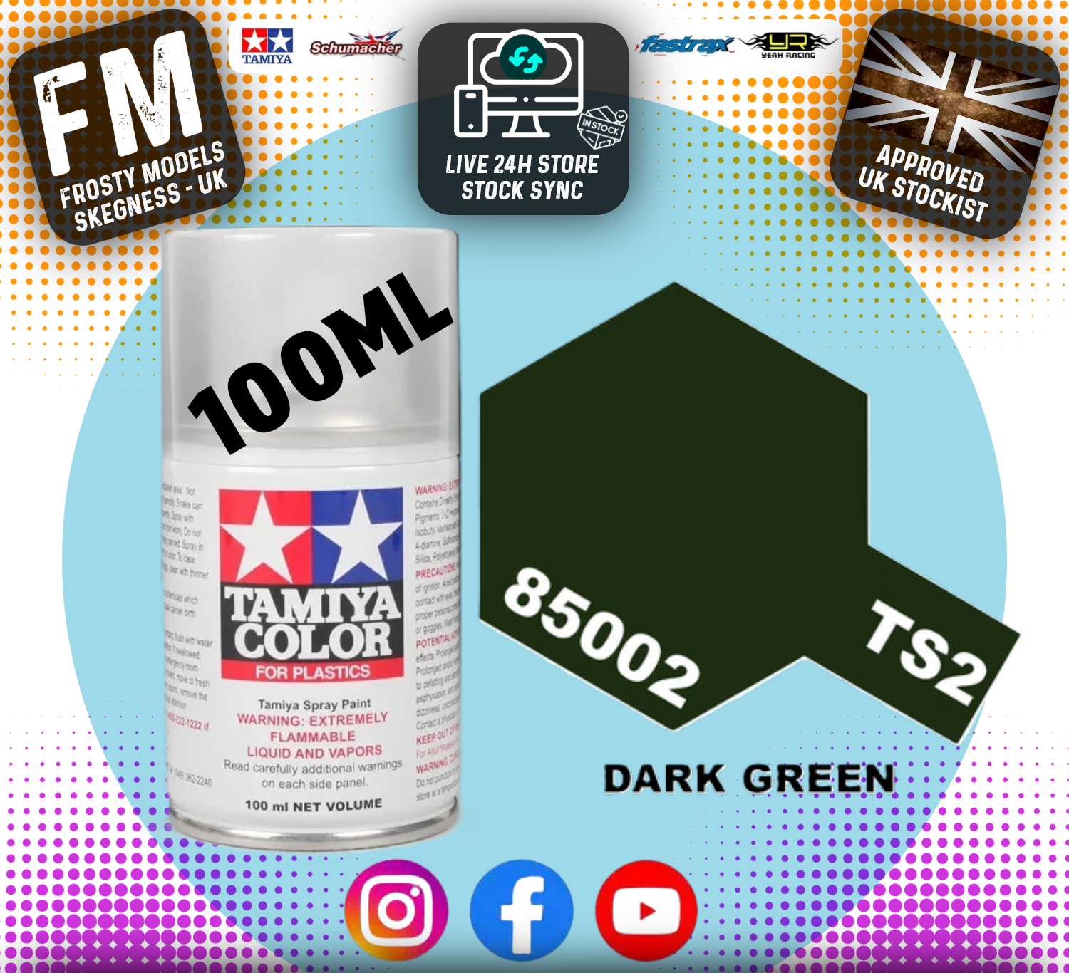 TAMIYA - TS SPRAY PAINT - Ts-2 (TS2) Dark Green - (For ABS Models - Do not use on Clear RC Car Bodies)
