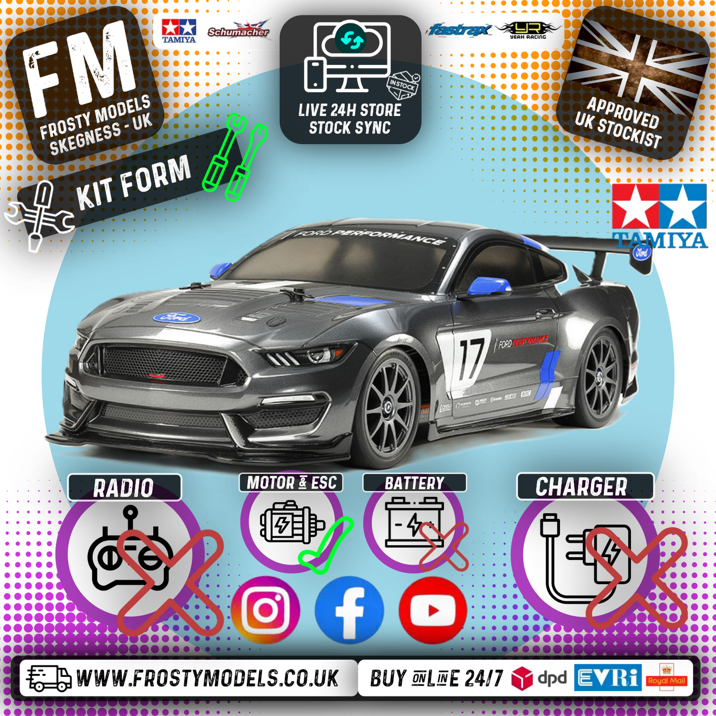 TAMIYA 58664 - Ford Mustang GT4 (TT02) 4WD 1/10 TOURING CAR (INC'S ESC & MOTOR ONLY)