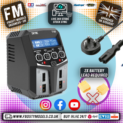 (Shop demo used) SKY RC - T100 DUAL AC/DC 5A 2-4S LiPo/LiIon/LiFe/LiHV/NiMh BATTERY CHARGER - SK-100162 (2x XT60 Charge Leads Required)