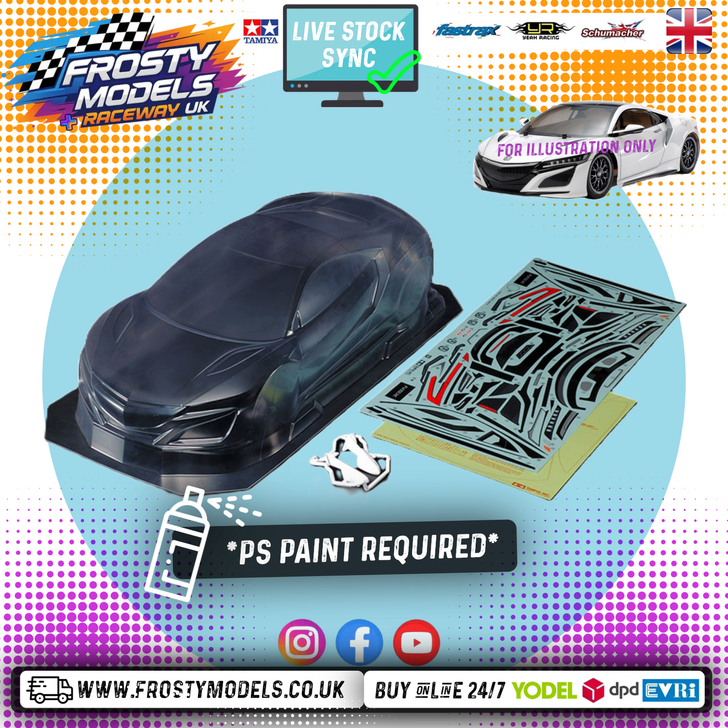 TAMIYA 51586 - 1/10 RC Honda Acura NSX Body Shell 190mm wide / 257mm Standard Wheelbase - With Stickers, Masking & Mirrors