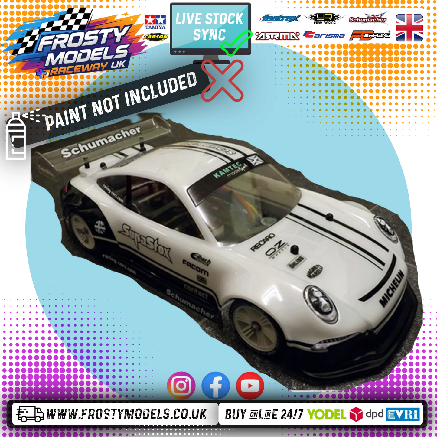 SUPASTOX GT12 TYPE PGT3 1/12 SCALE (FITS ATOM) (CLEAR LEXAN) Porsche GT3 Body Shell - G907 (200mm wheelbase / 164mm wide)
