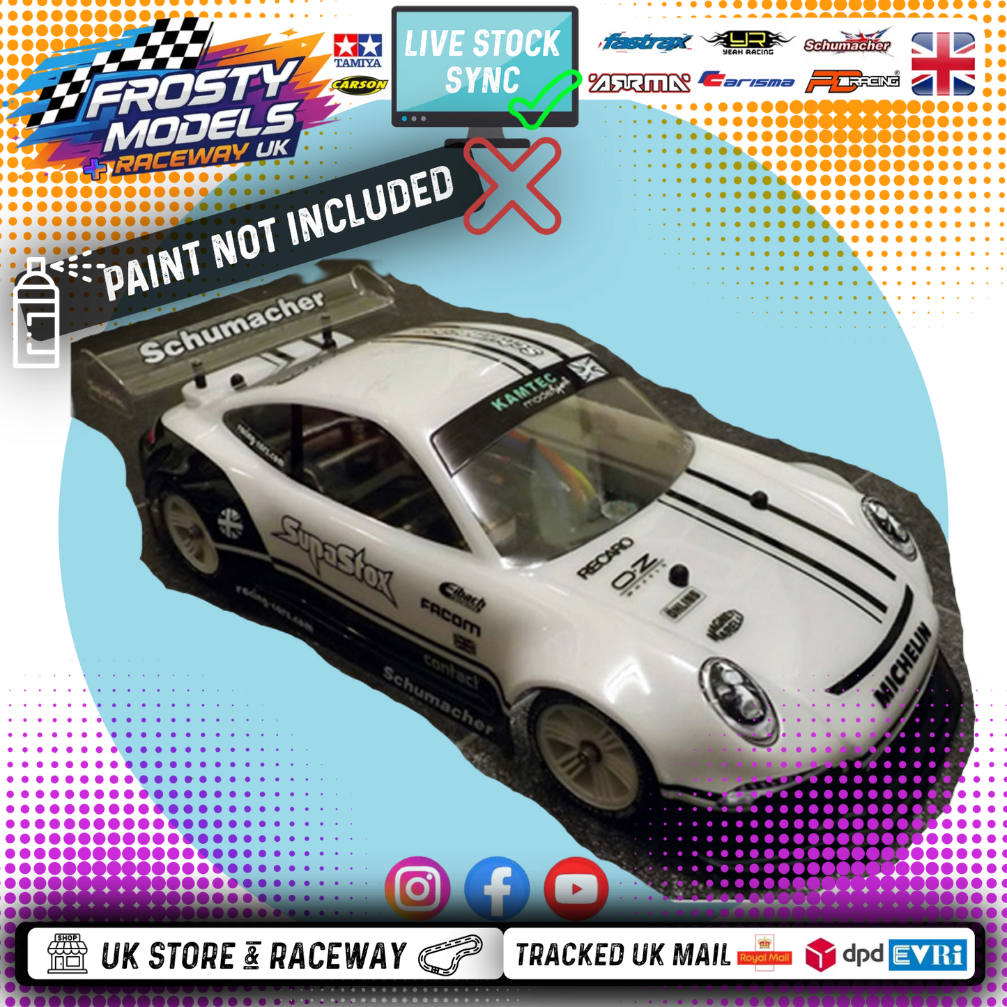 SUPASTOX GT12 TYPE PGT3 1/12 SCALE (FITS ATOM) (CLEAR LEXAN) Porsche GT3 Body Shell - G907 (200mm wheelbase / 164mm wide)