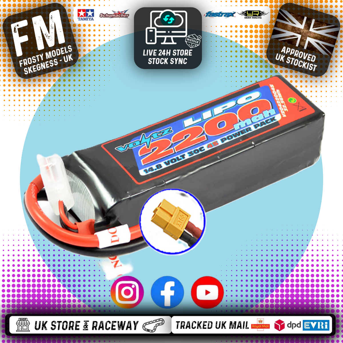 VOLTZ - 2200MAH 14.8V 4S - 30C LIPO (small profile) BATTERY W/ XT60 PLUG (RC BUGGIES & TRUCKS) - VZ0422004SXT60