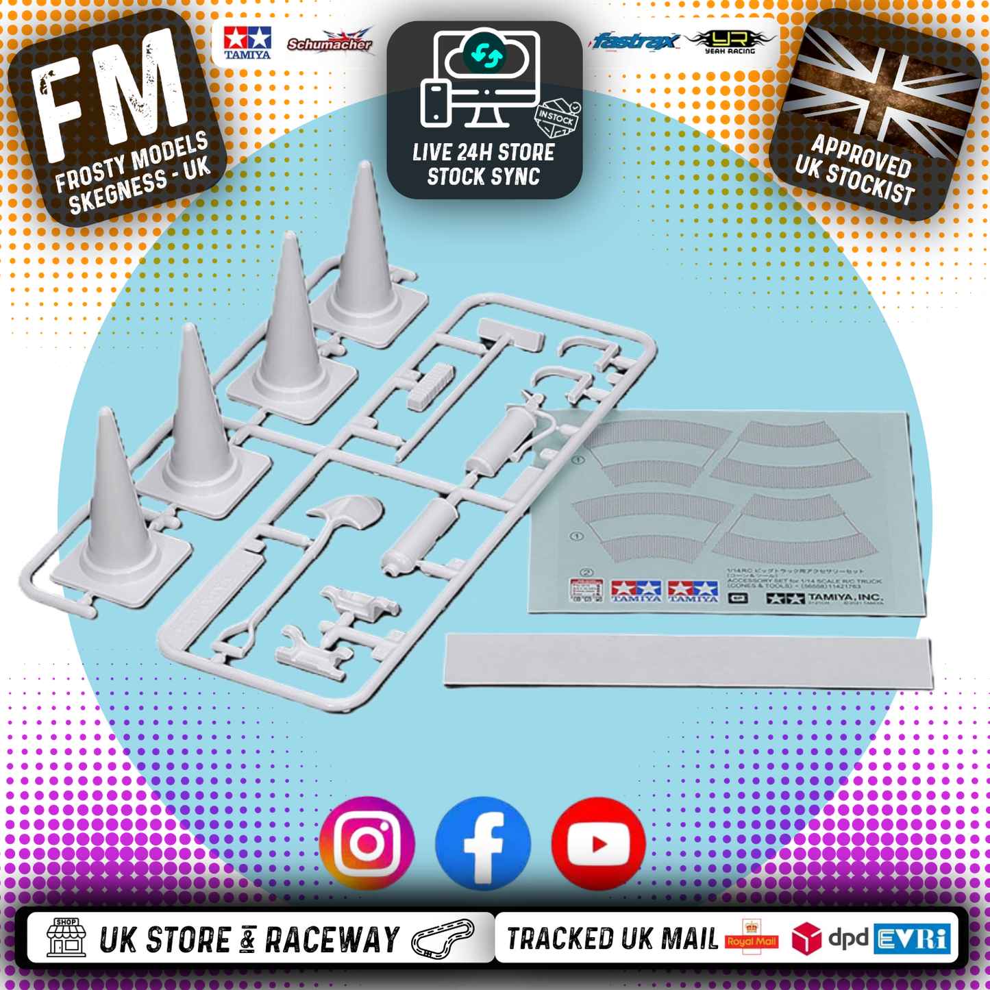 Tamiya - 56558 1/14 Tractor Truck Accessories Set - Cones, Shovel, Fire Extinguisher & Stickers (Unpainted)