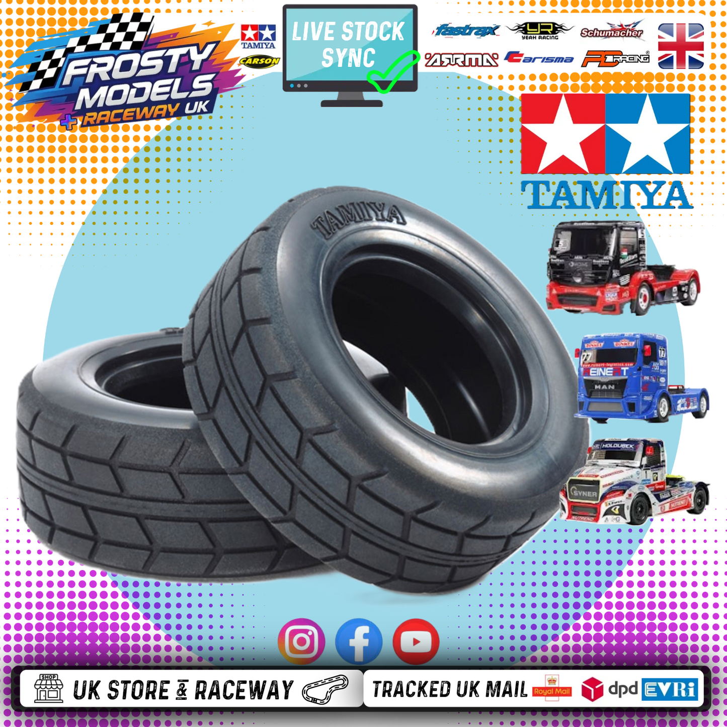 TAMIYA 51589 - TT01E 1/14 RC RACING EURO TRUCK TYRES / TIRES (2Pcs CARPET & TARMAC)