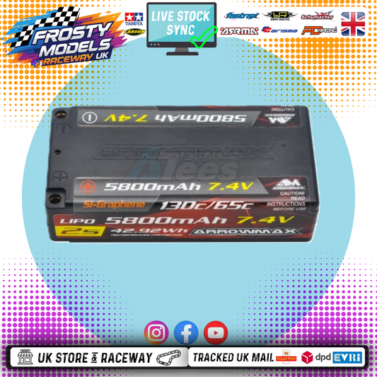 Arrow Max - 96mm Long Shorty Lipo Battery 5800mAh 2S Shorty - 7.4V (4mm Bullet) 130C (Si-Graphene) AM-700205 - (96mm x 47mm x25mm)