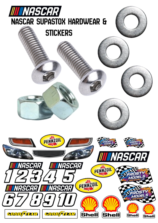 Generic Light & Grills, NASCAR Assortment Stickers + Spoiler Wing Mounting Hardware (M3 Nuts, Bolts & Washers) (Free when you add a Supastox & Nascar Body to Cart first)