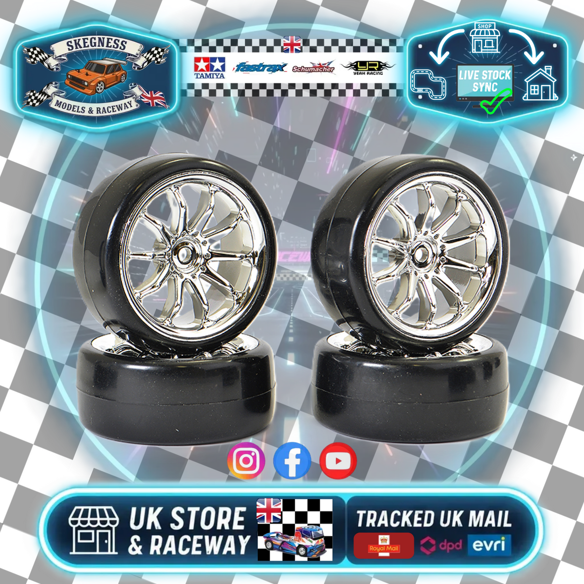 FASTRAX - 1/10 STREET / DRIFT SCALE CHROME WHEELs & V2 TYRES 4PCS- FAST0092C