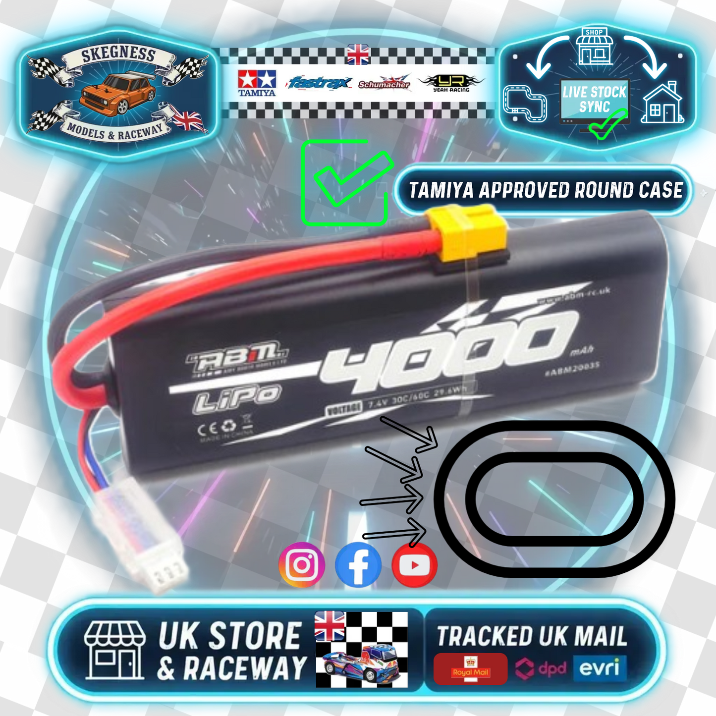 ABM - 4000mAh 2S 7.4V 60C Lipo RC battery (w/XT60 plug) - Round Cased (Fits TT01E) ABM20035