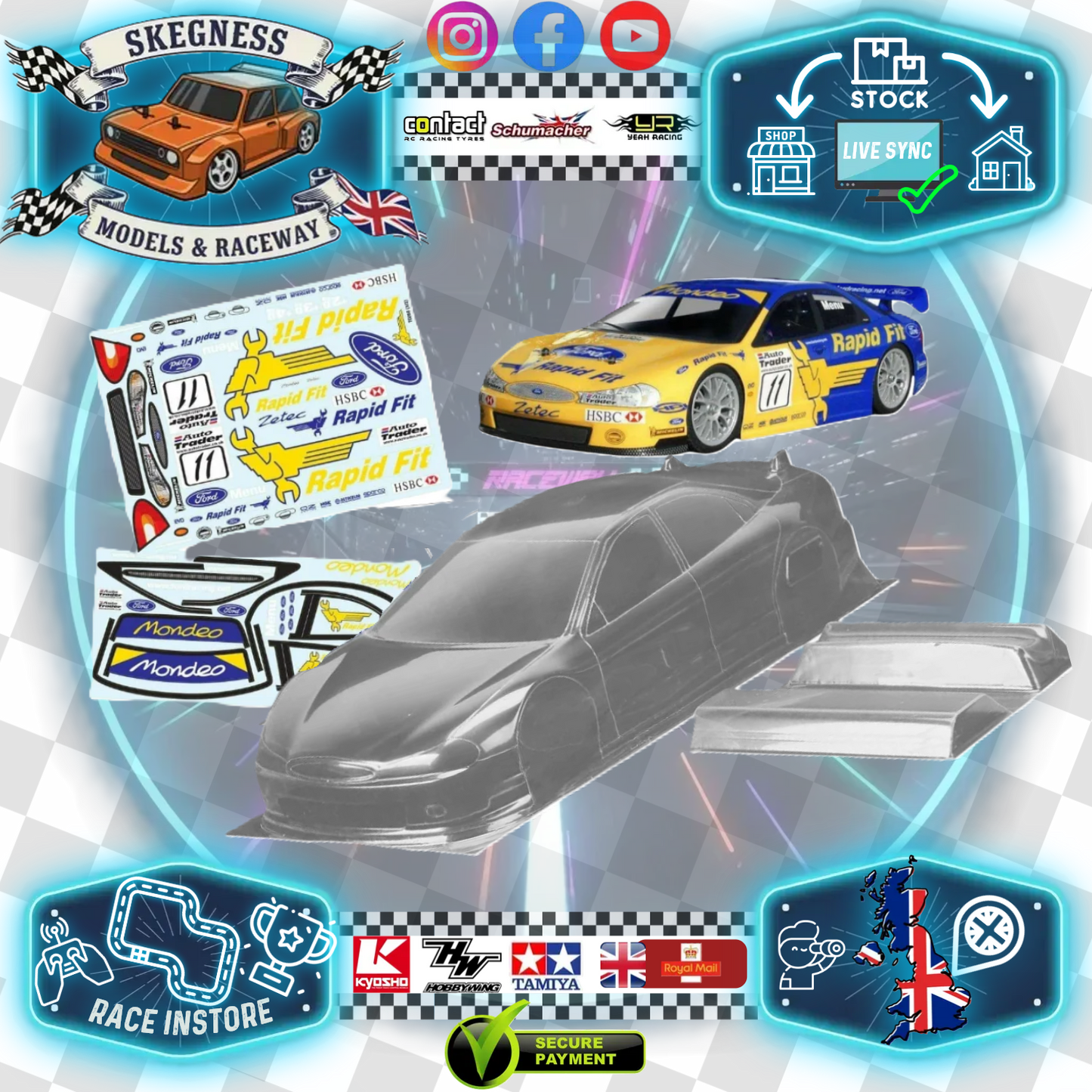 1/10 190mm Wide RC Touring Car Body Shell - Clear Lexan - Ford Mondeo RAPID FIT Racing Livery (257mm Wheelbase / 190mm Wide) - everything in photo included)