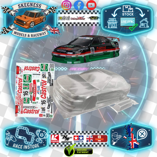 1/10 190mm Wide RC Touring Car Body Shell - Clear Lexan - Honda Accord Bodyshell Castrol Racing Livery (257mm Wheelbase / 190mm Wide) - everything in photo included)