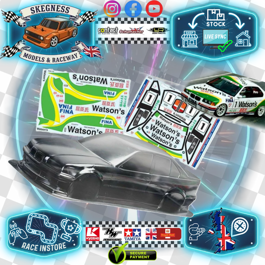 1/10 190mm Wide RC Touring Car Body Shell - Clear Lexan - BMW E36 Bodyshell Watsons Race Livery (258mm Wheelbase / 190mm Wide) - everything in photo included)