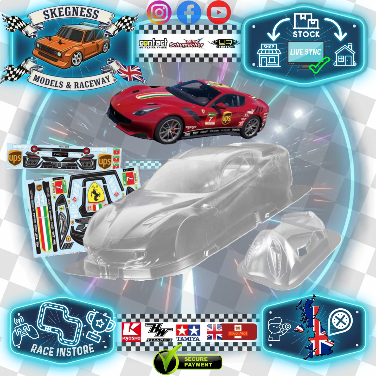 1/10 190mm Wide RC Touring Car Body Shell - Clear Lexan - Ferrari F12 Bodyshell UPS Livery (258mm Wheelbase / 190mm Wide) - everything in photo included)