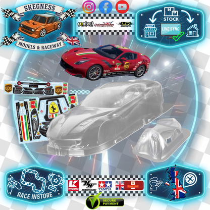 1/10 190mm Wide RC Touring Car Body Shell - Clear Lexan - Ferrari F12 Bodyshell UPS Livery (258mm Wheelbase / 190mm Wide) - everything in photo included)