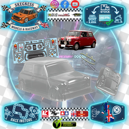 1/10 190mm Wide RC Touring Car Body Shell - (XL 1/10) Clear Lexan - Rover Mini Cooper Body Shell (258mm Wheelbase / 190mm Wide) - everything in photo included) Not M-Chassis - Fits TT01 / TT02