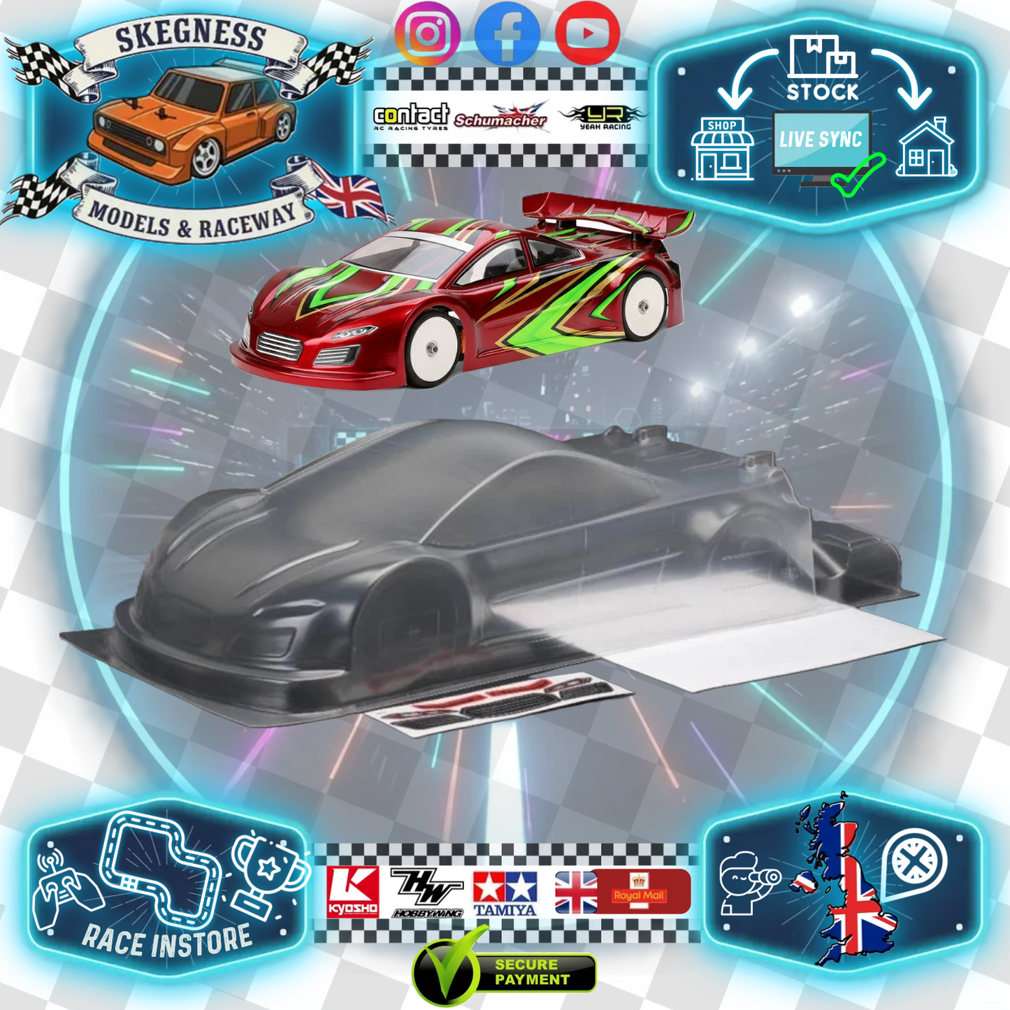 1/10 190mm Wide RC Touring Car Body Shell - Clear Lexan - 0.5mm thick Practice - Same as Extreme Twister Body Shell (258mm Wheelbase / 190mm Wide) - everything in photo included) Not M-Chassis - Fits TT01 / TT02