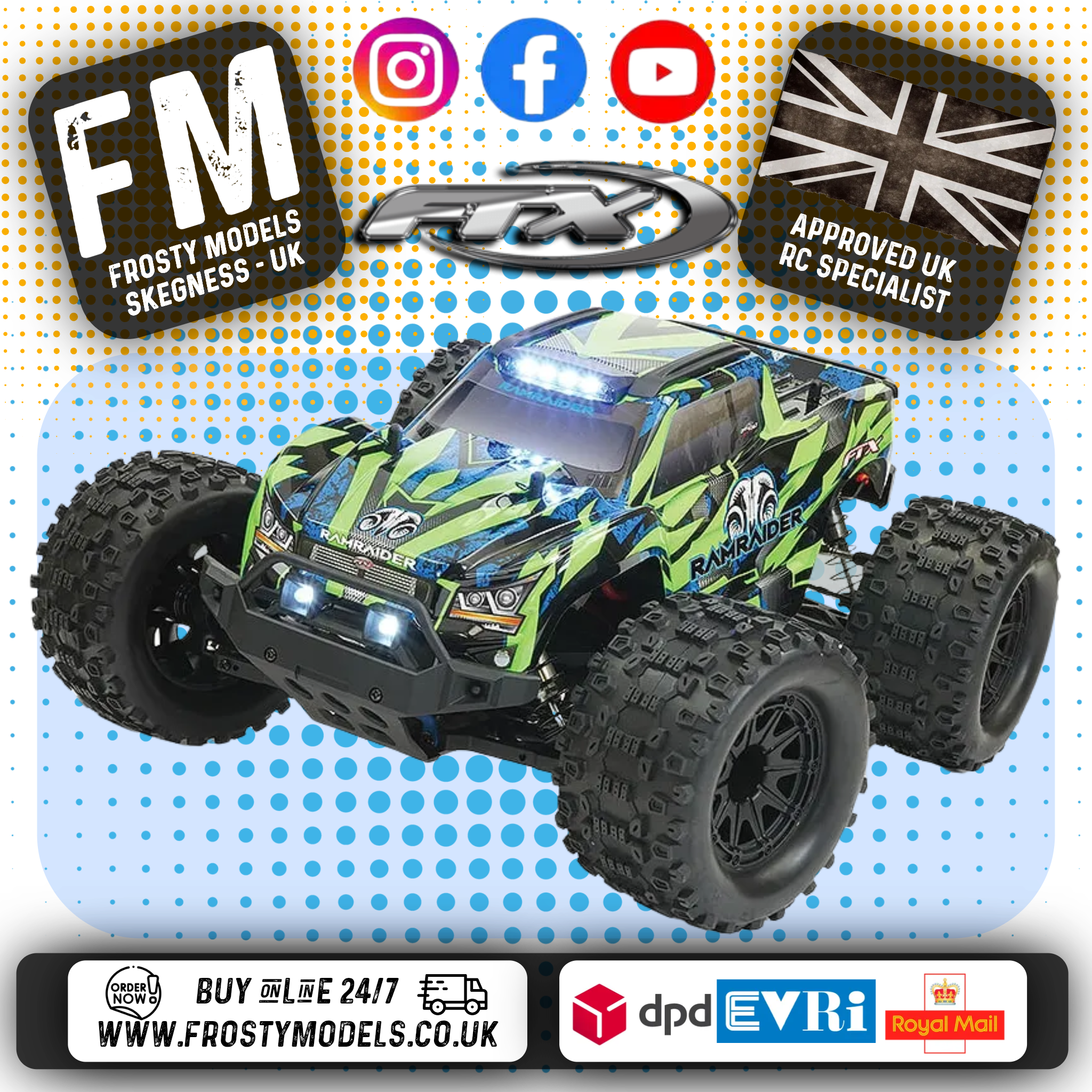 FTX - RAMRAIDER RC 1/10 BRUSHLESS + 3S LIPO Ready To Run MONSTER TRUCK RTR - GREEN/BLUE - FTX5497GB (working lights)