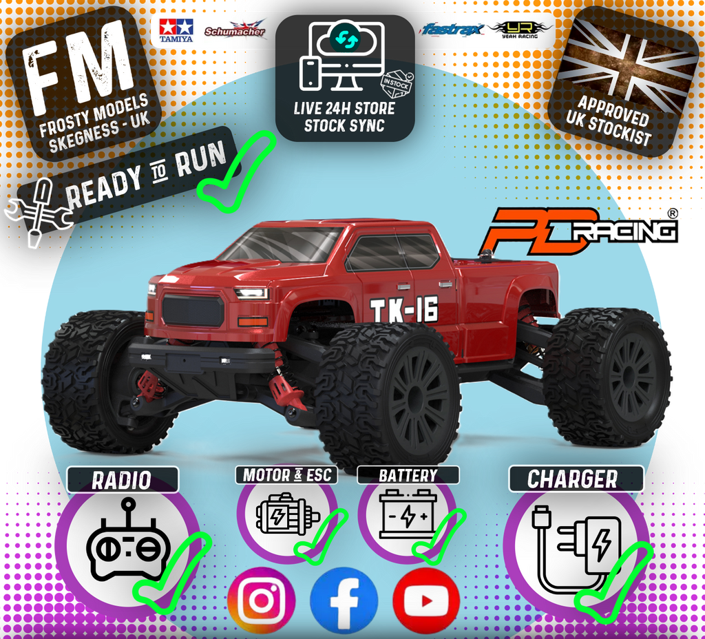 PD RACING - TK16 Brushed Truck 1:16 SCALE READY TO RUN WITH 2S LIPO (22mph) - PD303T (With LED lights)