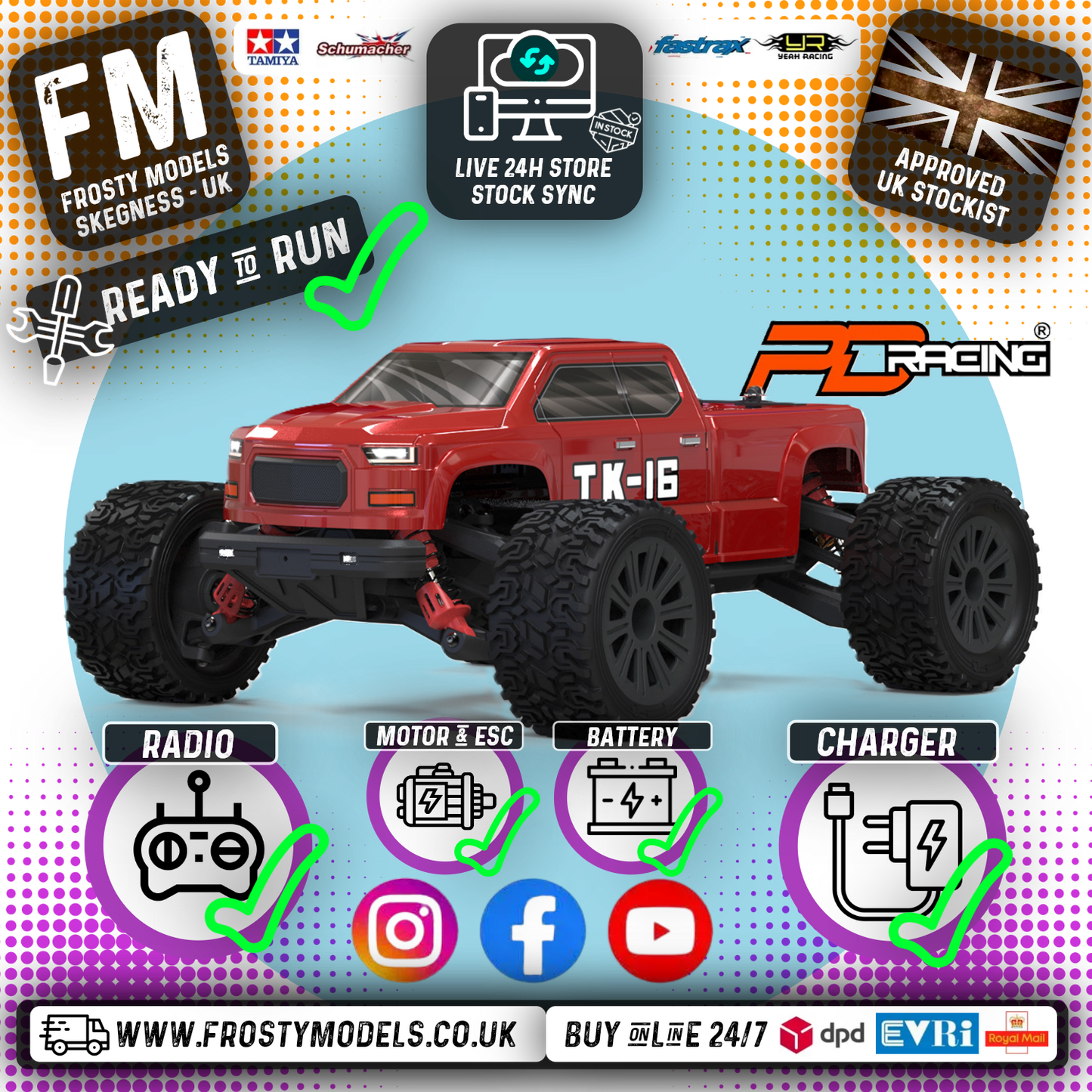 PD RACING - TK16 Brushed Truck 1:16 SCALE READY TO RUN WITH 2S LIPO (22mph) - PD303T (With LED lights)
