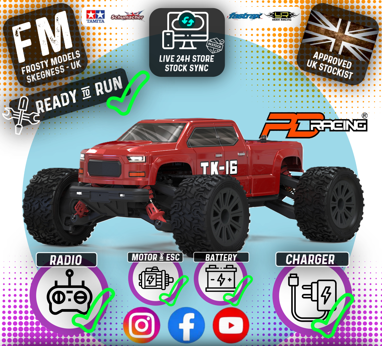 PD RACING - TK16 Brushed Truck 1:16 SCALE READY TO RUN WITH 2S LIPO (22mph) - PD303T (With LED lights)