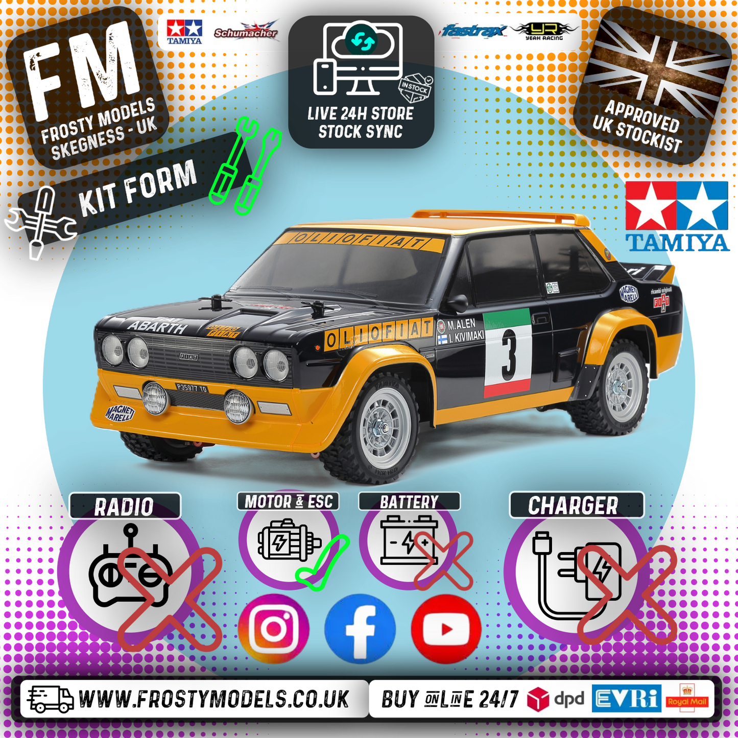 TAMIYA 58723 - Fiat 131 Abarth Rally (MF01X) RC 4WD Car Kit - (Inc's ESC & Motor - Requires Radio Set, Servo, Battery & Charger)