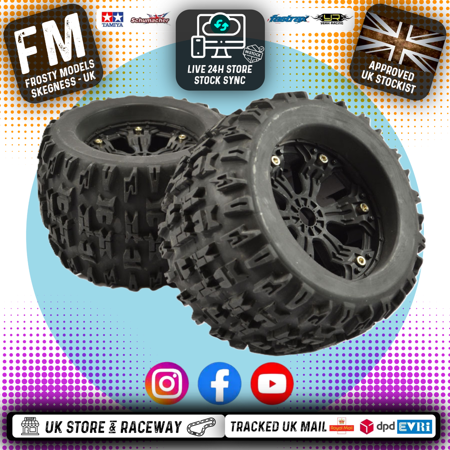 FASTRAX - 1/8 MT 17mm Fitment JIGSAW MOUNTED 6-SPOKE BLACK 1/2" OFFSET (2pcs) - Monster Truck Tyres & Wheels Pre Glued - FAST1165B (Does not fit PD Racing TK10 or TR10!