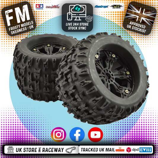FASTRAX - 1/8 MT 17mm Fitment JIGSAW MOUNTED 6-SPOKE BLACK 1/2" OFFSET (2pcs) - Monster Truck Tyres & Wheels Pre Glued - FAST1165B (Does not fit PD Racing TK10 or TR10!