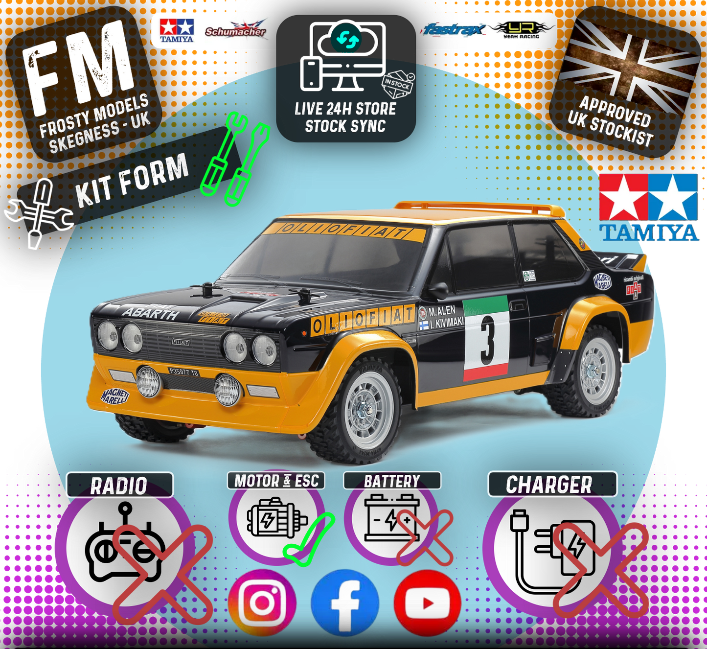 TAMIYA 58723 - Fiat 131 Abarth Rally (MF01X) RC 4WD Car Kit - (Inc's ESC & Motor - Requires Radio Set, Servo, Battery & Charger) (M-chassis)