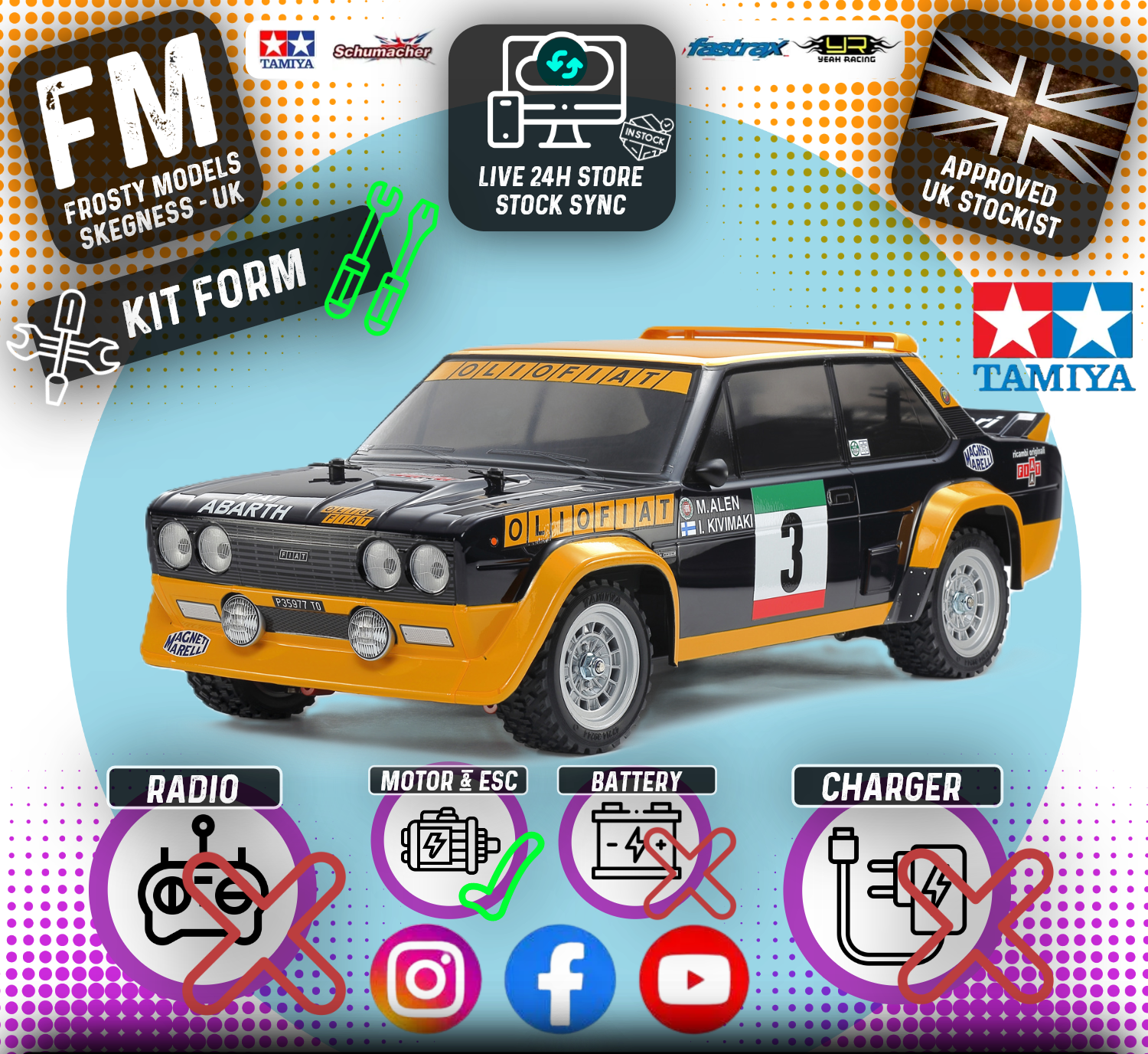 TAMIYA 58723 - Fiat 131 Abarth Rally (MF01X) RC 4WD Car Kit - (Inc's ESC & Motor - Requires Radio Set, Servo, Battery & Charger) (M-chassis)