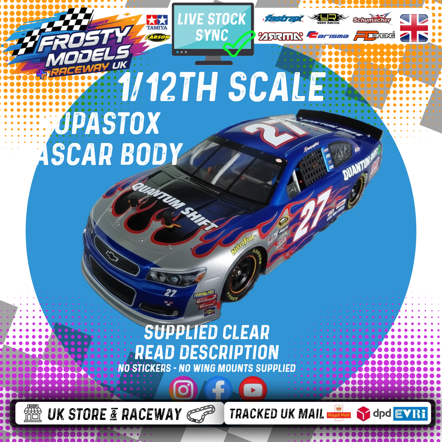 (PRE-ORDER) GT12 Supastox NASCAR Body - Generic Chevy - Clear Lexan - Fits 1/12 Car 205mm Wheelbase / 160mm Wide (For NEW Frosty Raceway Oval)