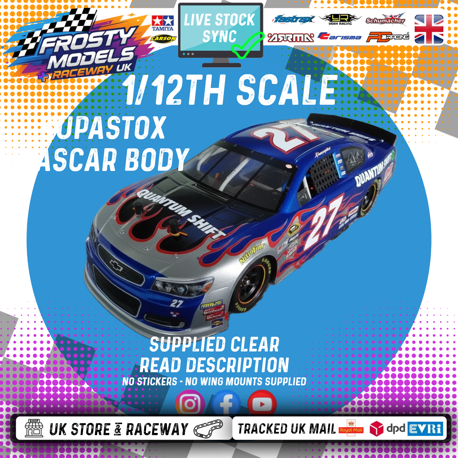 GT12 & 1/10 MTC Supastox NASCAR Body - Generic Chevy - Clear Lexan - Fits 1/12 Car 205mm & 210mm MTC Wheelbase / 164mm Wide (For NEW Frosty Raceway Oval)