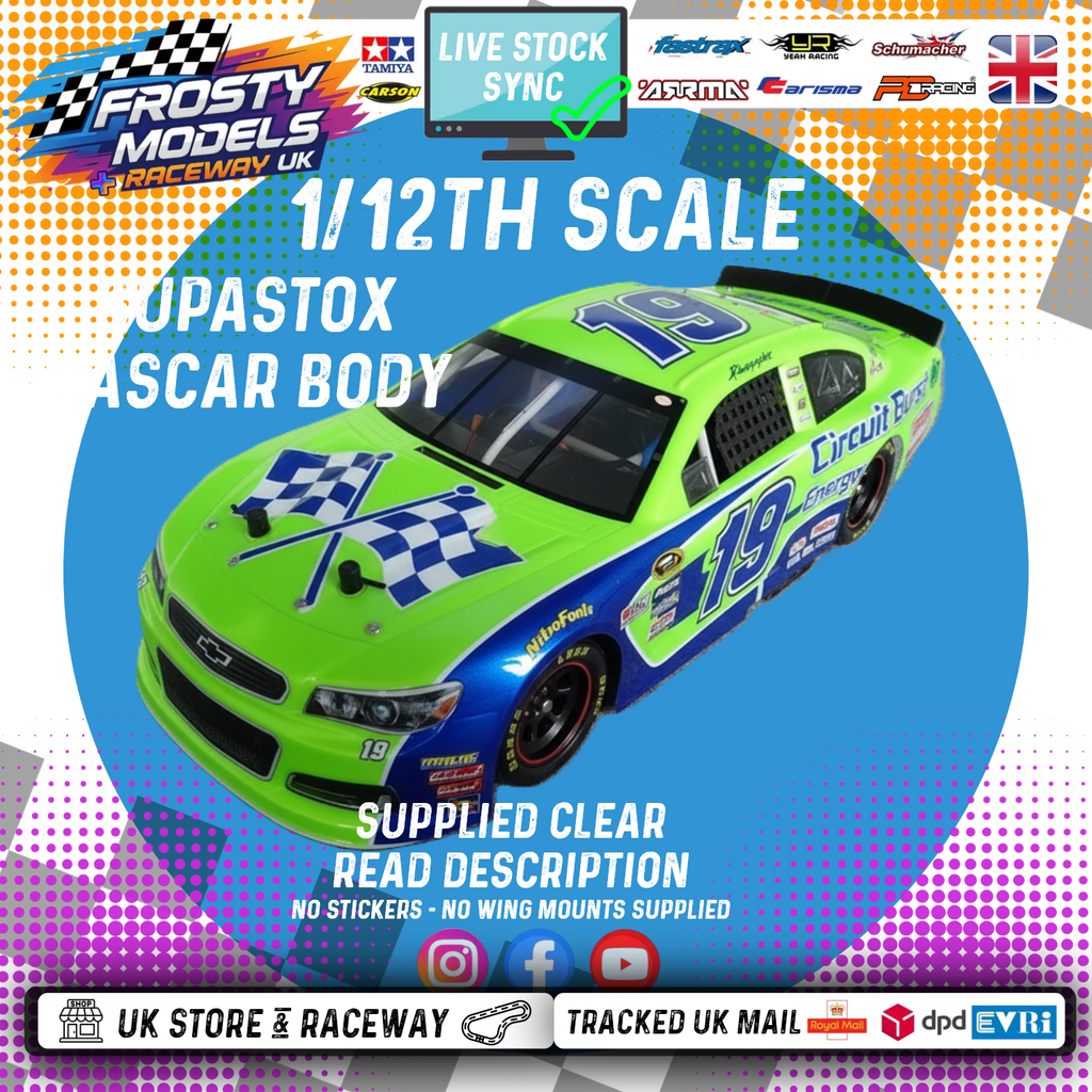 GT12 & 1/10 MTC Supastox NASCAR Body - Generic Chevy - Clear Lexan - Fits 1/12 Car 205mm & 210mm MTC Wheelbase / 164mm Wide (For NEW Frosty Raceway Oval)