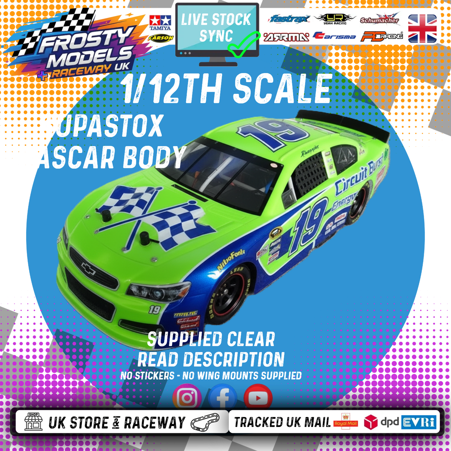 (PRE-ORDER) GT12 Supastox NASCAR Body - Generic Chevy - Clear Lexan - Fits 1/12 Car 205mm Wheelbase / 160mm Wide (For NEW Frosty Raceway Oval)
